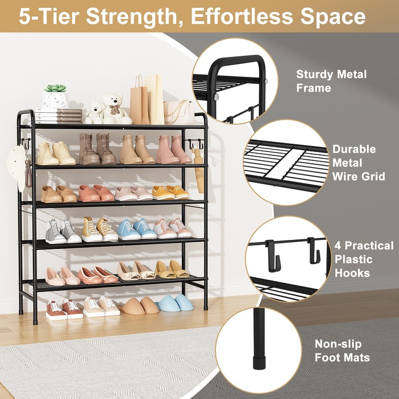 VILICK 5 Tier Shoe Rack 33" Wide Metal Shoe Organizer
