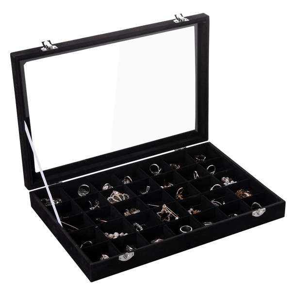 Frebeauty Velvet Jewelry Tray,35 Grid Jewelry Organizer with Clear Lid,Earring