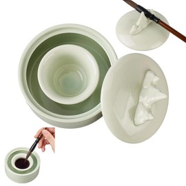 PH PandaHall Porcelain Ink Dish, Mountain Shape Chinese Calligraphy Inkwell Dish Prevent Dry Ceramic Ink Plate with Brush Holder Inkstone Bowl for Chinese Japanese Calligraphy Practice, Light Green