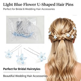 10Pcs Blue Flower Hair Pins,Rhinestone U-Shaped Bridal Hair Accessories