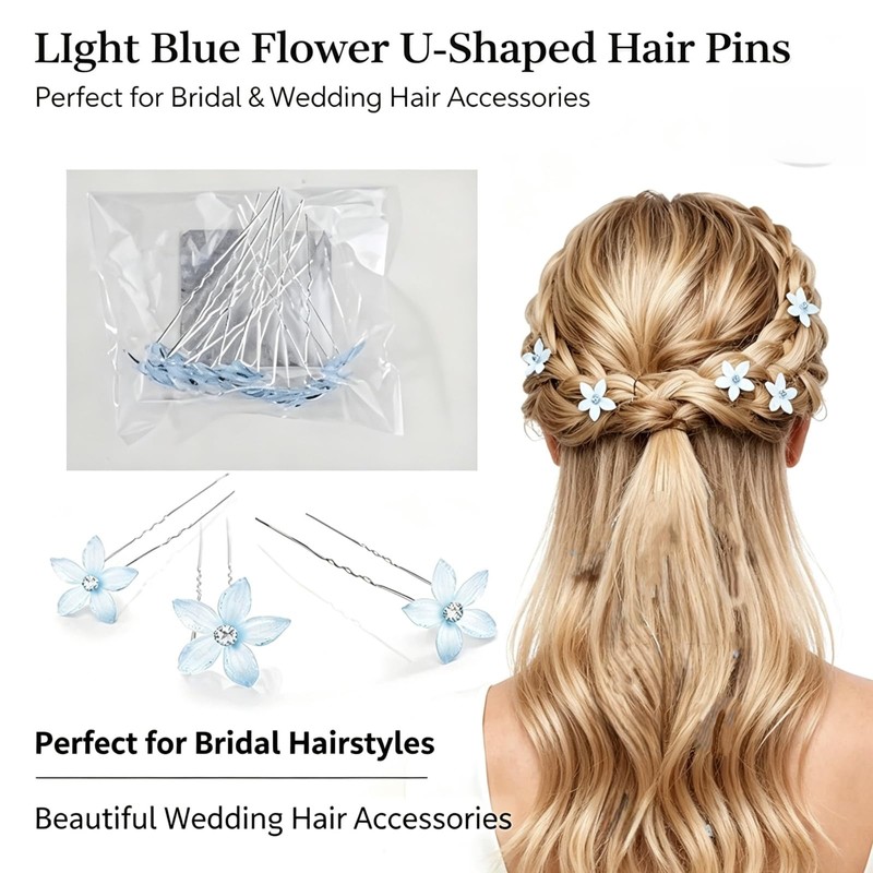 10Pcs Blue Flower Hair Pins,Rhinestone U-Shaped Bridal Hair Accessories