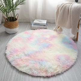 Round Fluffy Rainbow Area Rugs for Girls Room, Modern Fluffy Colorful Rugs Cute Floor Carpets, Shaggy Circel Playing Mat for Kids Baby Girls Bedroom Nursery Home Decor（80cm*80cm）