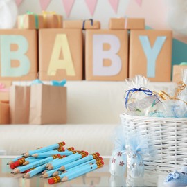 Nezyo 50 Pieces Baby Shower Half Pencils 4 Inch Mini Presharpened Golf Pencils with Erasers for Office Party Game Supplies(Sweet Baby Boy)