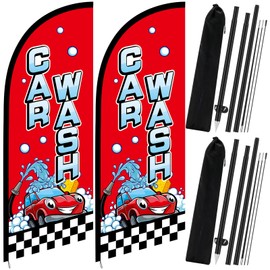 Fanfanwin 2 Sets 7 ft Car Wash Signs Car Wash Feather Flags with Poles, Stainless Steel Stake, Portable Bag Weatherproof Banner Sign Set for Business Advertising Outdoor Ground