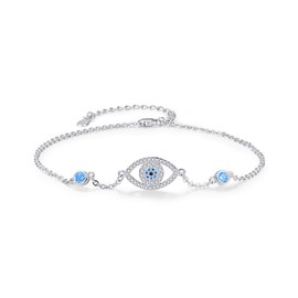Waysles Evil Eye Bracelet 925 Sterling Silver Adjustable Turkish Blue Evil Eye Bracelet with CZ Evil Eye Lucky Charm Jewellery for Women Girls 7 + 2 inches, Sterling Silver