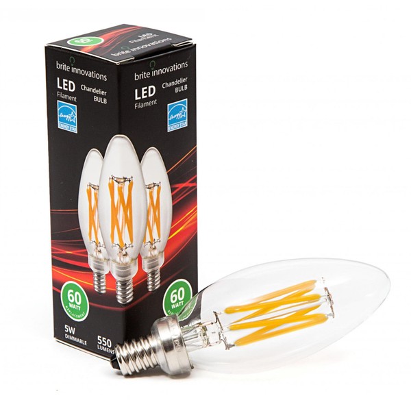 Brite Innovations 5-Watt = 60W Equivalent LED Filament Candelabra / Chandelier Light Bulb-Dimmable-Soft White 3000K- Torpedo Tip Energy Star & UL Listed