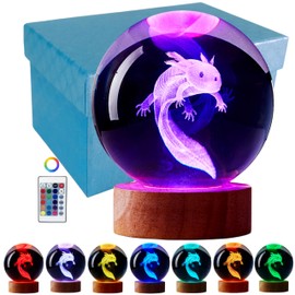 3D Axolotl Crystal Ball Night Light, Upgraded 3.15 Inch Axolotl Crystal Lamp with LED Wooden Base, 16 Colors Change with Remote Control, Birthday Christmas Gifts for Friends (Axolotl - A)