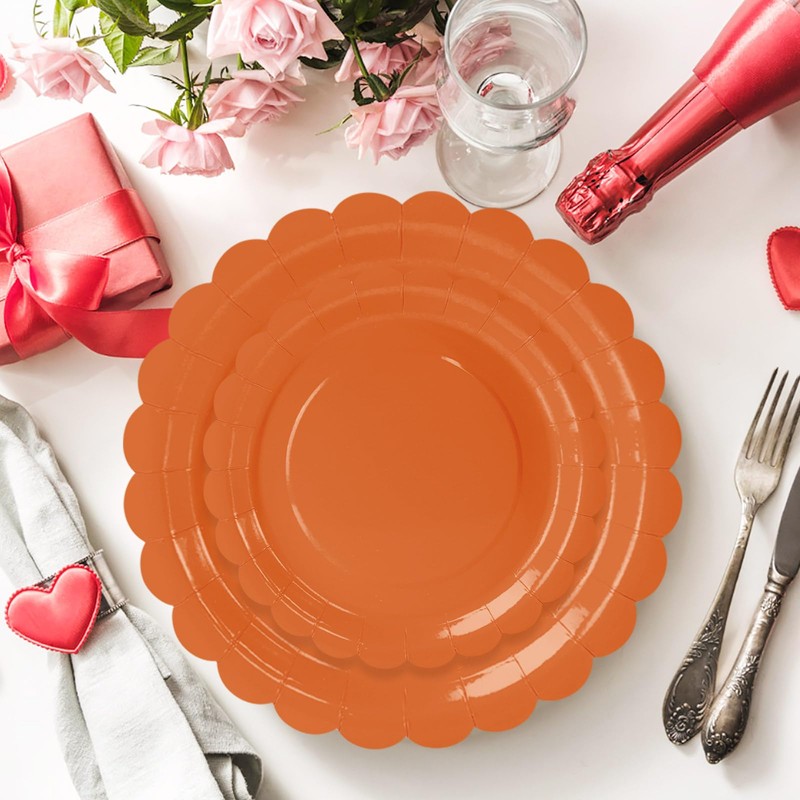 FALIZIFU 50 Pcs Orange Scalloped Paper Plates 25 × 7''