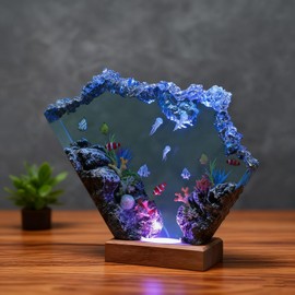 Drawelry Ocean Resin Lamp, Handmade Underwater Night Light Fish Coral Reef, Whale Shark Diorama with LED Crystal Lights Bedroom Desk Christmas Decor for Marine Lovers (Jellyfish & Coral)