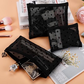 Fassave 6 Pack Mini Zipper Mesh Makeup Bags, Heart Print Nylon Cosmetic Bags Toiletry Bags for Office Travel Organization (Black, S)