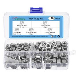 METALLIXITY Hex Nuts Assortment Kit (#8-32, #10-24, 1/4-20, 5/16-18, 3/8-16) 128Pcs, 304 Stainless Steel Hexagon Nut Hardware