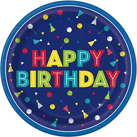 Unique Peppy Birthday Dessert Plates, Round - 7" (Pack of 8) - Vibrant Design, Perfect for Celebrations & Parties