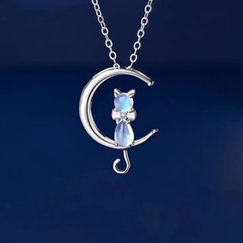 Chereda Power Necklace 925 Silver Lovely Cat Moon Animal Minimalist Charm Collares Pendant Necklace