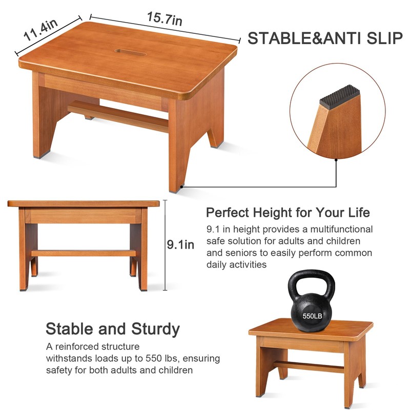 Wooden Step Stool for Adults,9.1''High One Step Stool for High