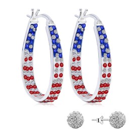 Silver Plated Oval Inside Out Crystal Hoop Earrings For Women Patriotic Earrings Fashion Jewelry