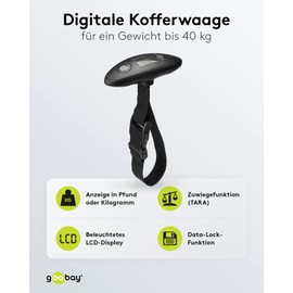 Goobay 71882 Digital Luggage Scales with Bright LCD Display and Tare Function for Luggage up to 40 kg, Comfortable Handle Fits Perfectly in the Hand, Suitable for Travel / Family Life, Black