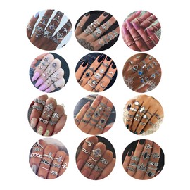 Milacolato 132PCS Bohemian Knuckle Ring Set for Women, Hollow Silver Fashion Midi Finger Rings, Vintage Stackable Knuckle Midi Rings Set, Stainless Steel