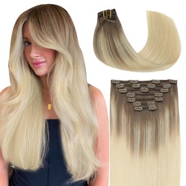 SURNEL Clip in Hair Extensions Ombre Blonde Clip in Human Hair Extensions #8 Light Brown Fading to #60 Platinum Blonde Balayage Double Weft 18 Inch 160G 7Pcs(7C#8/60-18)