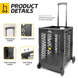 MaxWorks Foldable Rolling Utility Cart, Collapsible Hand Dolly with Telescoping Handle, 70 lbs Capacity, Lightweight Plastic Storage Crate, 16.5" x 15" x 39", No Assembly Needed