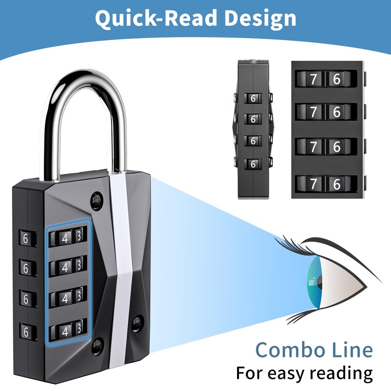 Combination Lock 4 Digit, Resettable, Waterproof Metal, School/Gym Locker Lock,