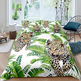 Loussiesd Leopard Bedding Set Cheetah Print Duvet Cover For Kids Children Teens Palm Leaf Comforter Cover Wild Animal Theme Bedspread Cover Tropical Leaves Bedroom Decor Quilt Cover 2Pcs Single Size