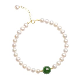Pearl Bracelet for Women Dainty Freshwater Pearl Bracelet with Coin Charm for Teen Girls Gold Pearl Beaded Bracelet Bride Bridesmaid Jewelry Gift (Green)