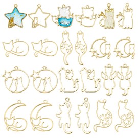 OLYCRAFT 24Pcs Cat Open Back Bezel Pendants Star with Cat Open Frame Pendant with 2mm Hole Moon with Cat Hollow Frame Pendant Alloy Dangle Pendant for DIY UV Resin Jewelry Making -Golden