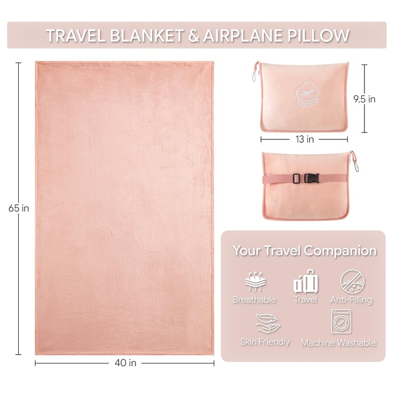 Travel Blanket, Soft 2-in-1 Airplane Blanket, 65x40 Inches, Travel Blanket