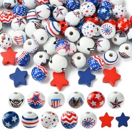 Ipotkitt 100 Pcs 13 Styles 4th of July Wooden Beads Patriotic Round Star Loose Beads America Flag Beads for DIY Independence Day Garland Jewellery Making