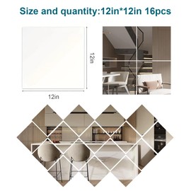 PopularLdo 16 Pack 12x12 Inch Shatterproof Acrylic Mirror Tiles, Self-Adhesive Full Body Wall Mirrors for Bedroom, Home Gym, Bathroom & Living Room, Unbreakable Flexible Mirror Sheets