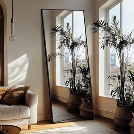 Delma Full Length Standing Mirror,Large Floor Mirror with Aluminum Frame for Bedroom, Bathroom, Living Room,Wall Mount or Freestanding Design(with Stand,Rect 75x35-Black)