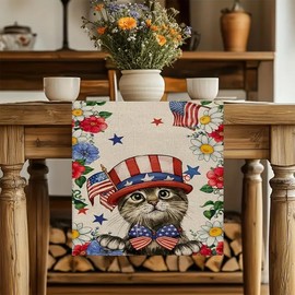 4th of July Summer Flower Cat Table Runner , Linen Patriotic Star Memorial Day 13x90 Inch for Table Dinning Kitchen Party Decoration