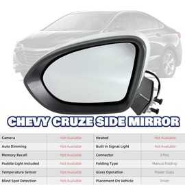 Driver Side View Mirror Compatible With Chevy Cruze 2016-2019 L LT LS 3-Pins Power Glass Non Heated Without Signal Light,White