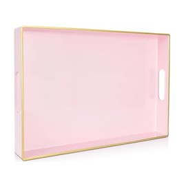 Umisriro Large Pink Rectangular Decorative Tray – Plastic Serving Tray with Handles for Coffee Table, Ottoman, Living Room, 15.7” x 11.8” x 1.6