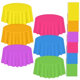 Whaline 24Pcs Neon Color Plastic Tablecloth 6 Fluorescent Colors Round Table Cover Waterproof Table Cloth for Party Decoration Supplies, 84 Inch