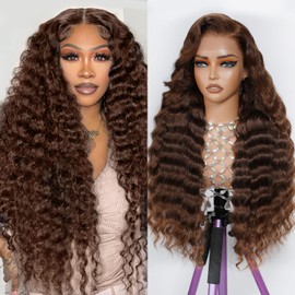 28 Inch Chocolate Brown Lace Front Wig Human Hair 13x6 200 Density Deep Wave Hd Lace Front Glueless Wigs Curly Wig Human Hair Pre Plucked Pre Cut With Baby Hair