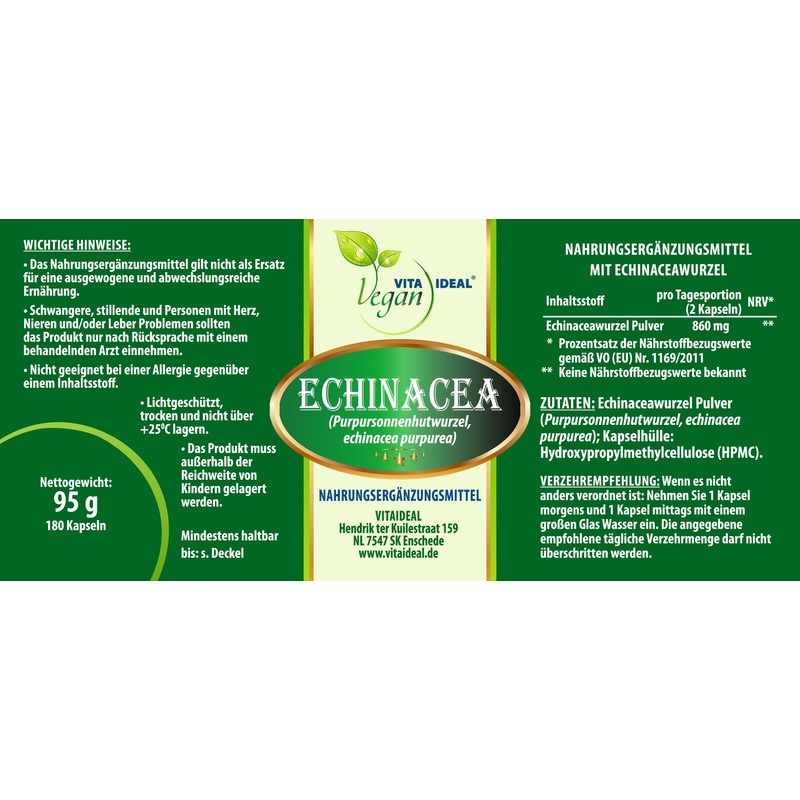 Vitaide Vegan® Echinacea Root (Purple Coneflower Root) 180 Vegetable Capsules
