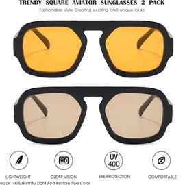 MUNSADE Trendy Square Aviator Sunglasses for Women Flat Top Designer Stylish Frame Sun Glasses Vintage Shades ((2 Pack) Black/Orange+Black/Light Brown)