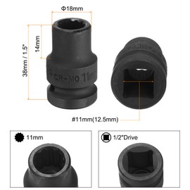 uxcell 1/2" Drive x 11mm Shallow Impact Socket 12-Point Metric CR-MO Steel Nut Impact Grade Socket for Auto Repair