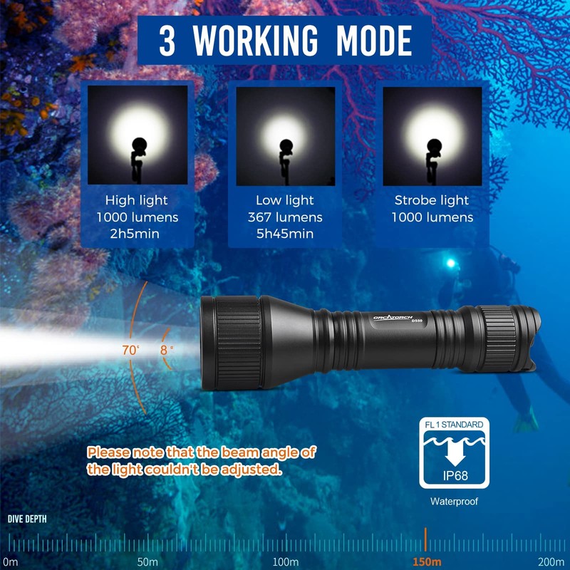 ORCATORCH D550 Dive Light 1000 Lumens Scuba Diving Flashlight 3