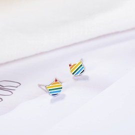 Cute Rainbow Kitty Cat Tiny Stud Earrings for Women Cartilage Tragus Sensitive Ear White Gold Plated Lovely Animal Hypoallergenic Piercing Post Dainty Gifts for Birthday Daughter Granddaughter