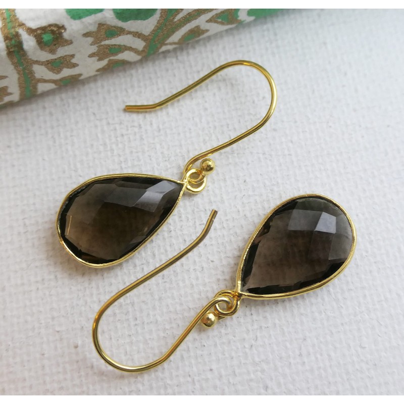 Smoky Quartz Teardrop Shape Gold Plated Sterling Silver Earrings