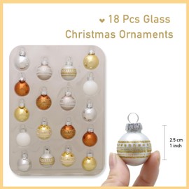 LUCOZA 18 Pcs Mini Glass Christmas Balls Ornaments, 0.98 Inches Small Xmas Balls, Hanging Decoration Set for Christmas Tree, Holiday, Party, Matte Shiny Glitter Ornaments, Bronze Silver Gold White