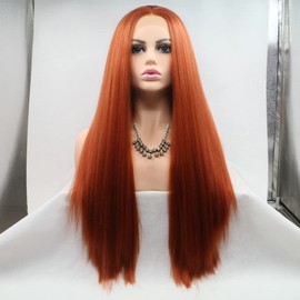 360 # Copper Red/Orange Long Drag Queen Wig Yaki Straight High Temperature Synthetic Lace Front Wig for Women's Girls Klebefreien Half Hand on Tip 66 cm
