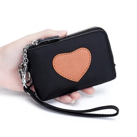 Yocipa Women's Coin Purse, Heart Pattern, Coin Case, Small Genuine Leather, Card Slot, Mini Wallet, Compact, Handheld, Keyring, Wrist Strap, Black