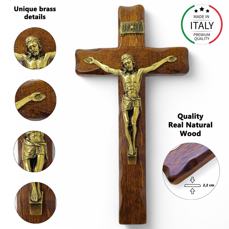 Wooden Crucifix - Wall Mounted - Christ Brass Plated -