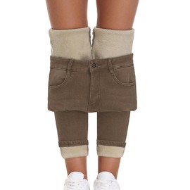 High Waisted Jeggings Winter Jeans for Women Fleece Lined Jeans Womens Fall Fashion 2024 Warm Thick Fleece Lined Pants,Brown, US14