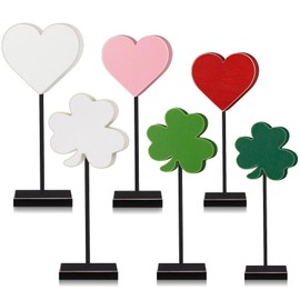6 Pcs Valentine's Day St. Patrick's Day Decorations Heart and Shamrock Wooden Table Decor Valentine's Day St. Patrick's Day Freestanding Table Centerpiece for Home Shelf Tiered Tray Decor