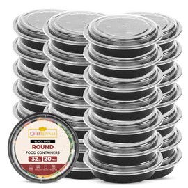 CHEF ROYALE 32oz (20 Pack) Black Base Round Meal Prep Containers Reusable Food Containers with Airtight Lids Plastic Food Containers - Microwaveable, Freezer and Dishwasher Safe