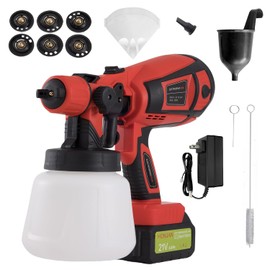 HONJAN Cordless Paint Sprayer, 4.0 Ah Battery Paint Gun with 900ml Container, 6 Brass Nozzles, 3 Patterns and Filter for Home Interior and Exterior, Fence, Deck and Furniture CSPS-021(Red)